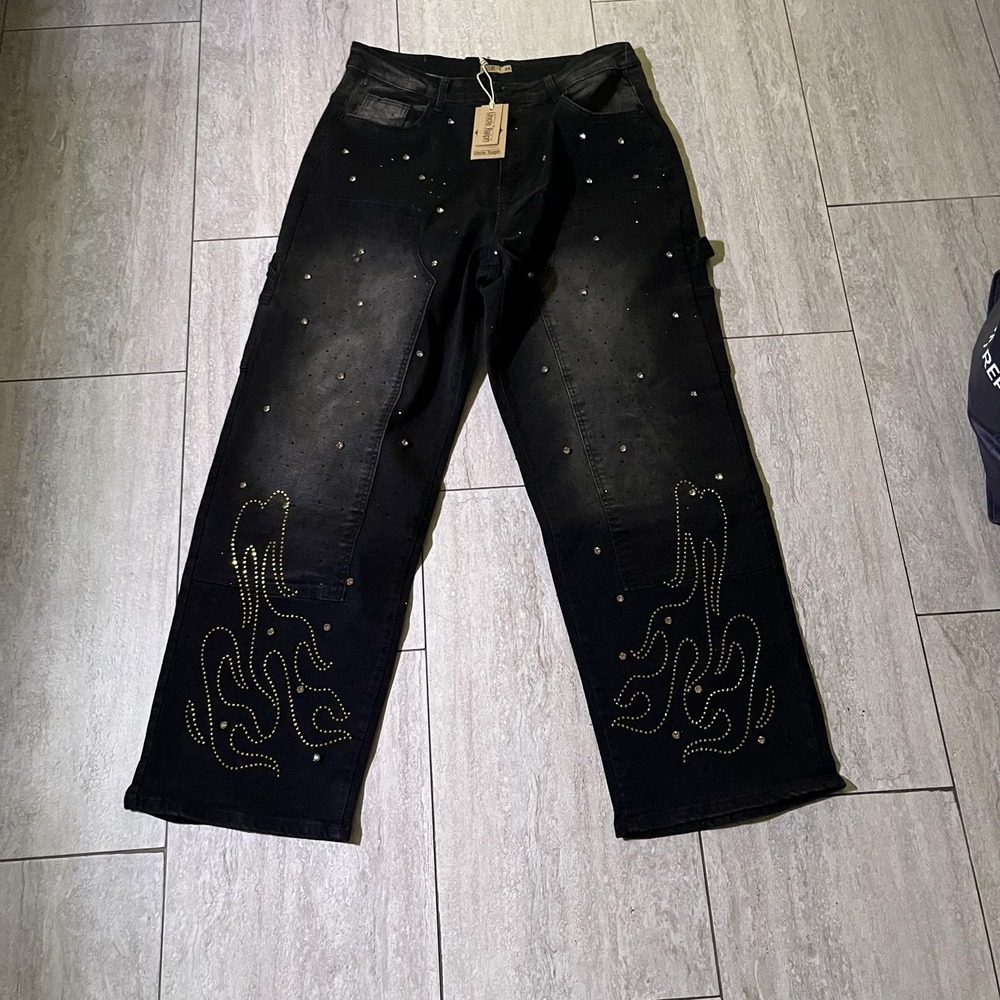 Uncle Ralph Jeans Mens 34x30 Black Rhinestone Carpenter Wide Leg Relaxed Denim